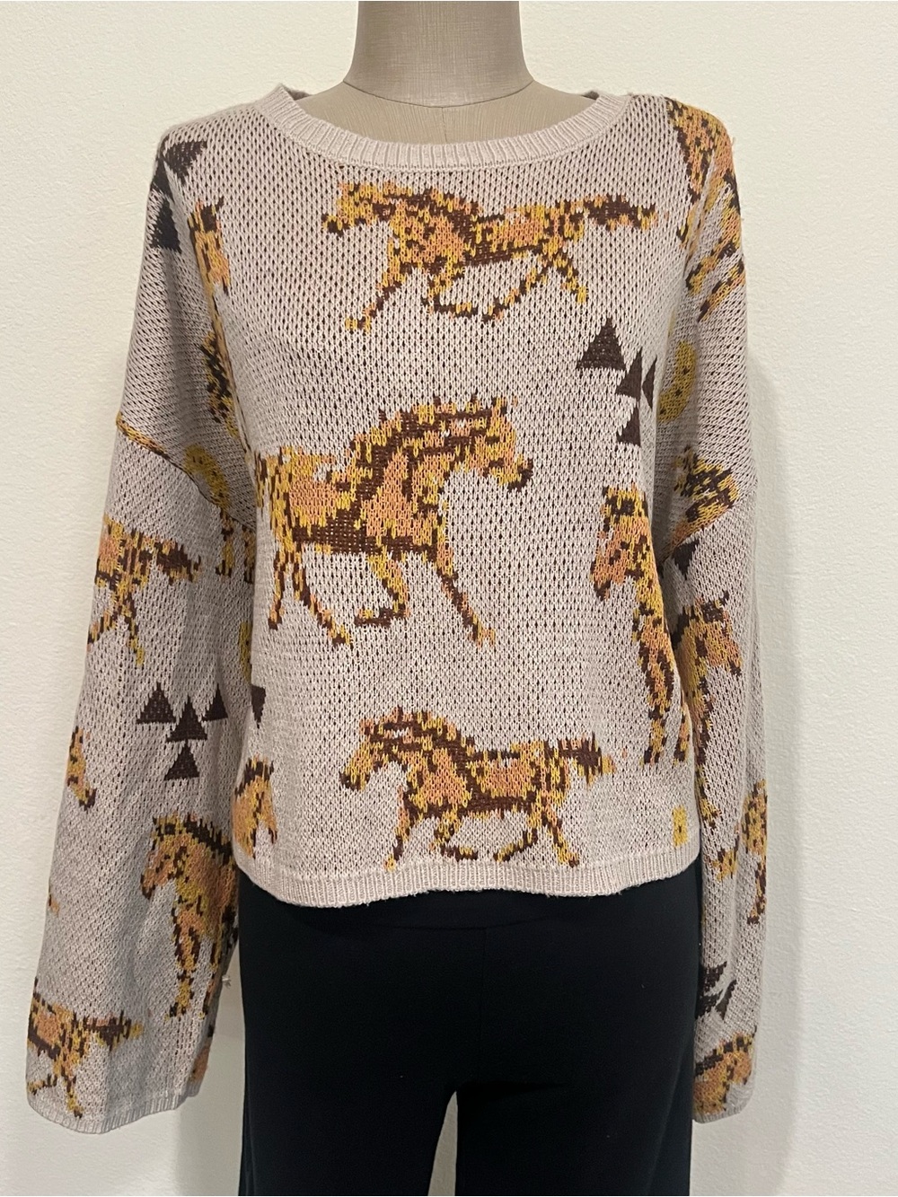 Beige & Mustard Horse Intarsia Crewneck Sweater